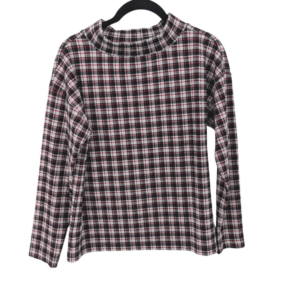 Ann Taylor Top XSP Petite Red Black Plaid Mock Neck Long Sleeve Knit Pullover